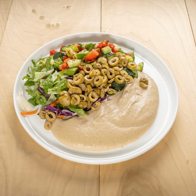 Hummus Platter with Green Olives and Pita Bread.