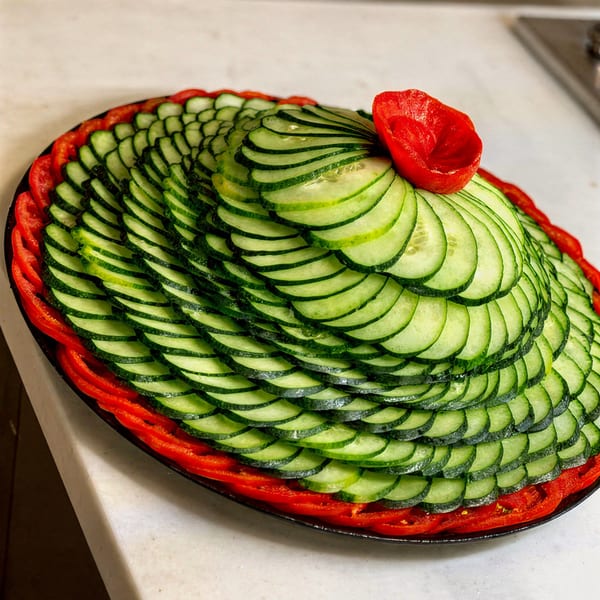 A Jerusalem Cafe platter of thinly sliced cucumbers arranged in a conical shape, surrounded by red bell peppers.