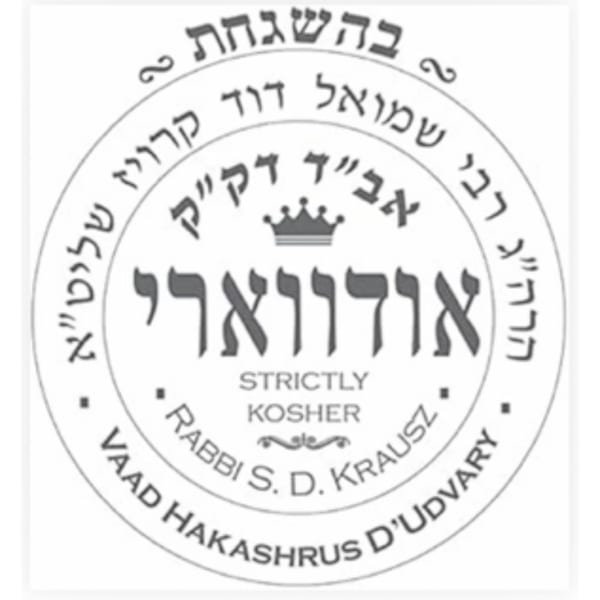 A circular kosher certification seal with Hebrew and English text, including "Strictly Kosher" and "Rabbi S. D. Krausz".