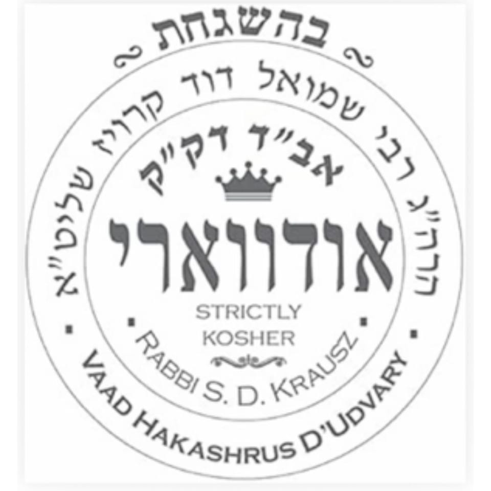 A circular kosher certification seal with Hebrew and English text, including "Strictly Kosher" and "Rabbi S. D. Krausz".